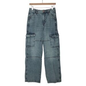 H&M Divided Cargo Wide Leg Jeans Size 4 Light Wash High Rise Baggy Hipster Y2K